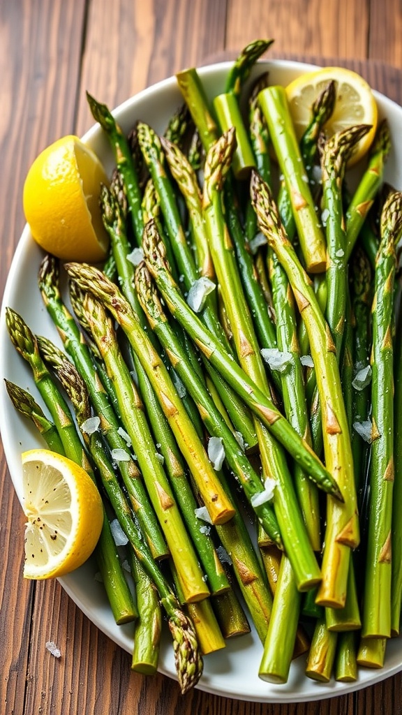 Oven-roasted asparagus with olive oil and sea salt, garnished with lemon on a rustic wooden table.